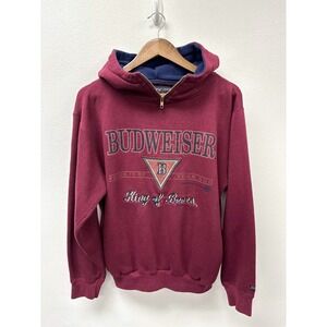 Vintage‎ Budweiser Quarter Zip Pullover Hoodie Maroon M